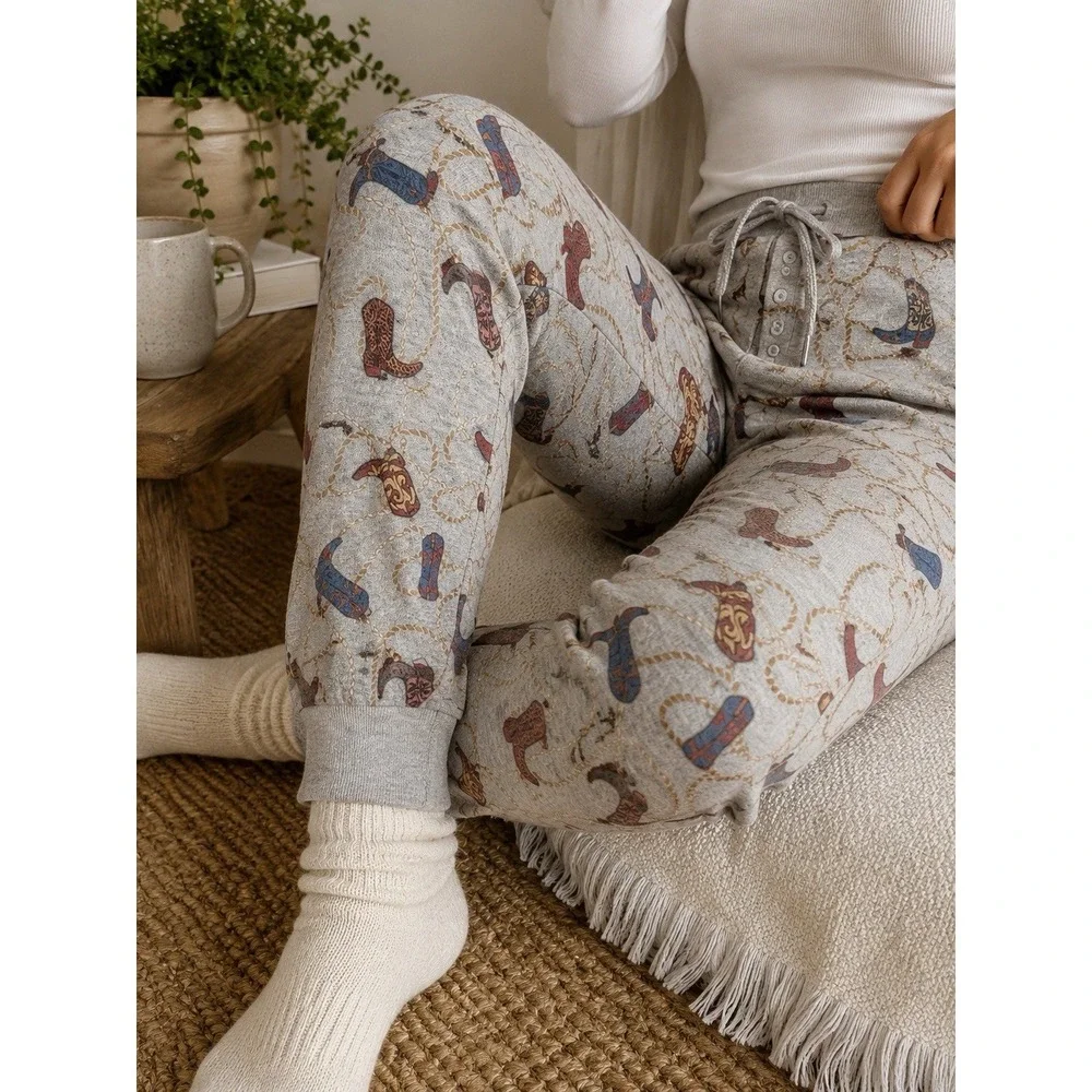 PJ Salvage Women Flannel Pajama Pants L Cowboy Boot Western Lounge Jogger Gray